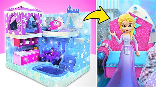 DIY Elsa's Ultimate Mini Castle with Water Slide and Icy Pool from Cardboard