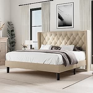 Einhomn King Size Bed Frame with Upholstered Headboard, Tufted Wingback Platform Beds, Strong Weight Capacity, Wooden and Metal Slats Support, No Box Spring Needed, Noise Free, Beige