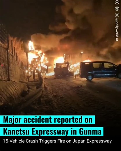 Daily World on Instagram: "A major accident involving 15 vehicles was reported on Japan’s Kanetsu Expressway in Minakami, Gunma Prefecture, resulting in a large blaze. According to local authorities, the collision led to multiple vehicles catching fire, prompting an immediate emergency response. Firefighters and rescue teams were deployed to control the blaze and assist those involved in the incident. Traffic on the expressway was halted as officials worked to clear the site and assess the situa