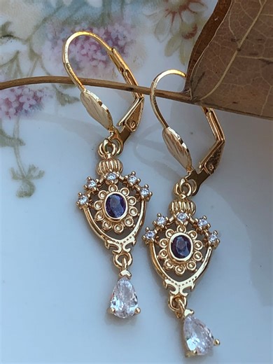 Victorian Dangle Earrings: Gold Purple Cubic Zirconia Wedding Jewelry - Etsy