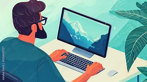 A person working on a computer with a scenic mountain view. remote work and productivity.