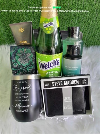 The perfect gift for him. 💚💚💚 Contact us at 876-806-2426 to order. Gift includes: Steve Madden Leather Wallet Inspirational tumbler Floral tie Bath and body works spray Bath and body works lotion Bath and body works shower gel Stainless steel razers Welch Sparkling Wine (non-alcoholic) Free delivery in Kingston #Giftforhim #GiftBasket #fyp #fypシ