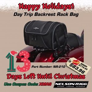13 Days Until Christmas! The Day Trip Backrest Bag is the perfect gift and the perfect place to keep your goods when headed out for a ride. Link in Bio. ✅LIFETIME Warranty ✅ UltraMax fabric ✅Mounts to sissy bar ✅Lockable zippers ✅2 outer pockets ✅Rigid construction ✅Reflective piping ✅Rain cover included 15”L x 9”W x 9”H 20 Liters http://ow.ly/AuaG50zEfRE . . . . . . . . #NelsonRigg #RiggYourRide #ItsNotJustABike #Route1Luggage #motorcycle #cruisers #GetOutsideandRide #Goldwing #HondaGoldwing #I