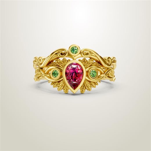 Art Nouveau Pear Ruby Ring, 18k Gold Vermeil Leaf Design, Red Teardrop Stone Alternative Engagement Ring, Enchanted Forest Jewelry