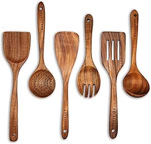 GreyWooden Kitchen Utensil Set, 6Pcs Wooden Cooking Utensils for Non-Stick Pan, 100% Natural Teak Wooden Spatula