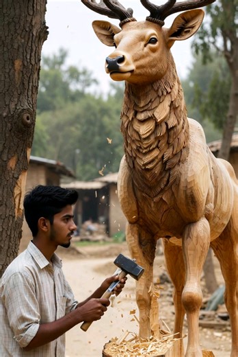 AI Wood Art: Boy Creates a Giant Deer Sculpture from Wooden Logs | TimberArt Studio #AIWoodArt #WoodCarving #DeerSculpture #WoodenLogs #TimberArtStudio