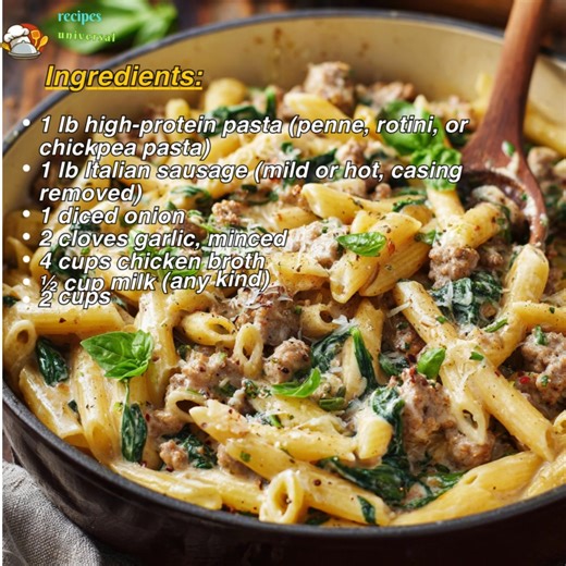 Dinner in 20 minutes, dishes in 2. This creamy One-Pot High-Protein Pasta is rich, filling, and made with a secret protein hack — cottage cheese! No heavy cream, just creamy perfection. 😋✨ Ingredients: 1 lb high-protein pasta (penne, rotini, or chickpea pasta) 1 lb Italian sausage (mild or hot, casing removed) 1 diced onion 2 cloves garlic, minced 4 cups chicken broth ½ cup milk (any kind) 2 cups fresh spinach ½ cup cottage cheese or plain Greek yogurt ¼ cup grated Parmesan cheese ( extra for s