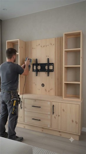 He Turned a Blank Wall Into a Luxury TV Unit | Satisfying Woodworking Buil #woodworking #shortvideo