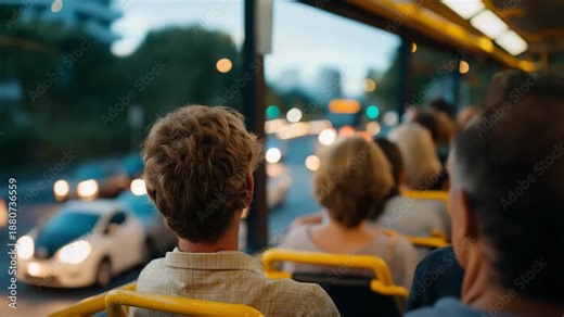 A crowded city bus idling in heavy traffic, passengers fogging up the windows as they stare outside at the slow-moving lane of cars, depicting public transit resilience amid urban congestion.