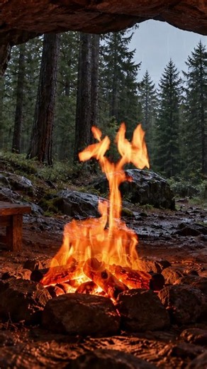 Heavy Rain & Crackling Campfire in a Cozy Cave 🌧️🔥