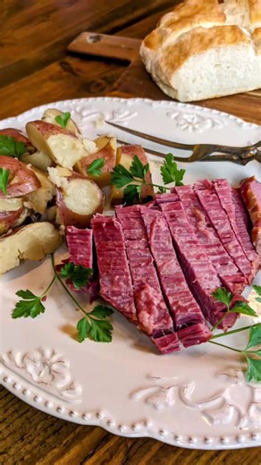 This corned beef has a surprise ingredient and it was delicious! One package of corned beef 4 c water 1 heaping T beef base 2 heaping t yeast 1 bay leaf Soak corned beef in water to remove as much of the salt brine as you can, at least 4 hours. Mix beef base and yeast into warm water. Add spice package and water mixture over top of corned beef in a slow cooker. Cook on low for 8 hours. A couple hours before serving add potatoes, onions and carrots. Remove corned beef from cooker, scrape off fat