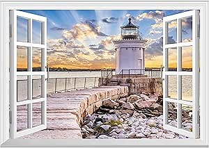 FLFK Fake Window Wall Mural - Shoreline Lighthouse Faux Window Wall Sticker, Stick and Peel Wall Decals, 48"x32", Set of 2 Sheets