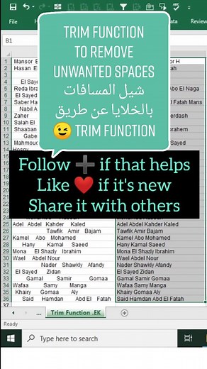 Trim function#excel#exceltips #exceltricks #microsoftexcel #spreadsheets #learnexcel #Tutorial #excel_learning #foryourpage #fyp #fyb #fy #اكسل #دالة