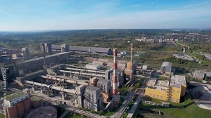 Cement plant with pipes. Сement production process and Industrial solution. factory with smoke pipe. Chimney smokestack emission. Poor environment. Ecology concept, air and environmental pollution.