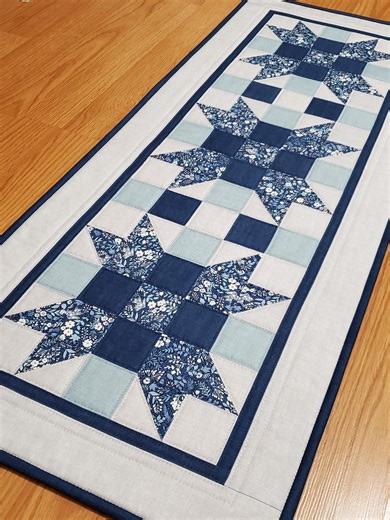 Handmade Quilted Patchwork Floral Table Runner in Blue and Gray 40" X 15.5" - Etsy
