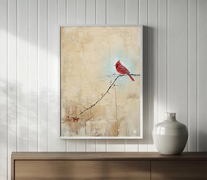 Red Cardinal Bird Wall Art, Minimalist Bird Painting, Neutral Beige Canvas Print, Rustic Nature Artwork, Modern Farmhouse Home Decor - Etsy