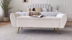 Teddy Storage Bench for Bedroom, 57" Extra Long Boucle Bench for King Size Bed, Modern Upholstered End of Bed Ottoman Bench with Arms and Gold Legs for Entryway Living Room (Ivory White)