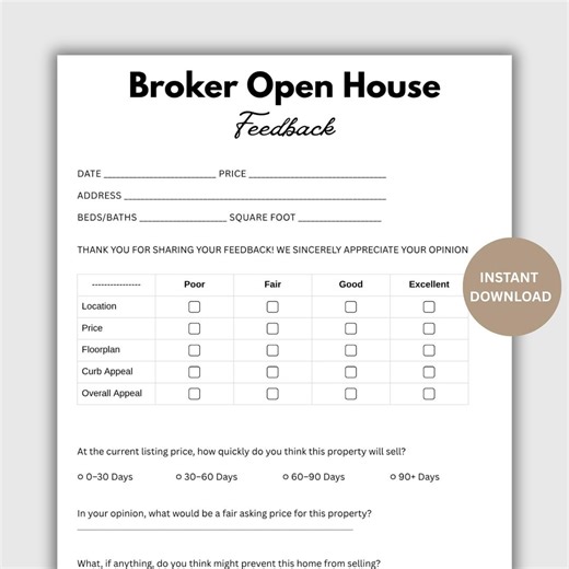 Broker Open House Feedback Form. Real Estate Agent Open House Feedback. Broker Open Feedback Questionnaire. Realtor Tour Feedback Form Canva - Etsy