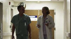 MS Doctors walking in hospital corridor and talking / Payson, Utah, USA