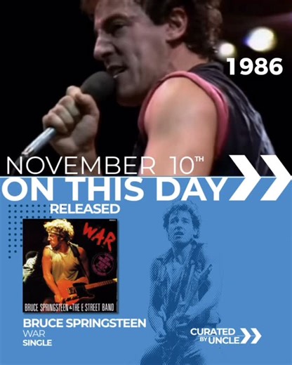 Curated By Uncle on Instagram: "Bruce Springsteen | War | Released On This Day In 1986 📅 Today marks the anniversary of “War” the raw, urgent cover by Bruce Springsteen and the E Street Band. It’s one of those songs that seems to sneak up on you: not a glossy hit‐single designed purely for radio, but a charged live performance captured and launched into the charts. Released as part of the Live/1975-85 box set, “War” peaked at UK No. 18. ￼ In the US, it cracked the Top 10 reaching US No. 8. ￼ Wh