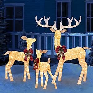 3 Piece Lighted Reindeer Family Set with 210 Lights Large Xmas Holiday Light Up Decorations for Indoor Outdoor Yard Lawn