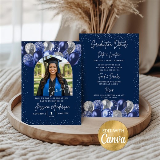 Navy Blue Silver Graduation Photo Invitation Template Senior Class 2026 Announcement DIY Editable Invite Printable Graduate Picture Flyer - Etsy