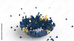 Earth planet assembling from toy bricks then exploding and scattering to huge pile of toy bricks and disappearing in the end. Earth Day or environment pollution concept. 3d rendering