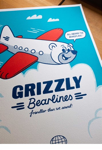 Hey everyone! I’ve been getting into screen printing over the past year, and as a digital artist its such a thrill to make art I can touch! This is my first poster,‘Bearoplane’! It’s a 3 colour print on A3, 300gsm paper. Available from www.hobbie.ink! You can follow along with my screen printing adventures @Hobbie #screenprinting #screenprintedposter #bearoplane #bearart #aeroplanes #aviation #vintageposter #printmaker #illustratedposter
