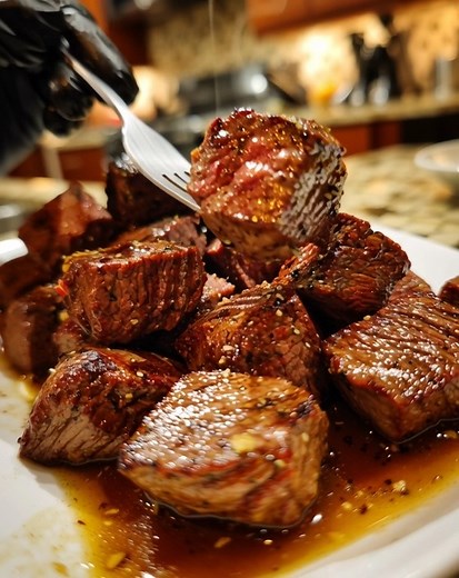 Crockpot Steak Bites Ingredients: 2 lbs sirloin steak, cut into bite-size pieces 2 tablespoons olive oil 1 tablespoon minced garlic 1/3 cup beef broth 2 tablespoons Worcestershire sauce 2 tablespoons soy sauce 1 teaspoon onion powder 1 teaspoon garlic powder 1/2 teaspoon black pepper Salt to taste Optional: fresh parsley for garnish Directions: 1. Heat a large skillet over medium-high heat and add olive oil. 2. Add the steak bites and sear them on all sides until browned (they don’t need to be c