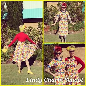 21 reactions | The Mistress and Mayhem, go together like bananas and strawberries in our Fruit Salad Couture! Designed and made by @dead_end_dames for the @lindycharmschool pop up salon in Newcastle today! #lovemyjob #hireusdagnabbit #vintagestylist #vintage #LindyCharmSchool #deadenddames @madeleinemayhem13 #pinuphair #pinuptattoo #pinupstyle Www.thelindycharmschoolforgirls.com  mob: 0409727888  | The Lindy Charm School | Facebook