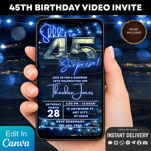 Digital Invitation Surprise 45th Birthday Animated Video Invite, 45th Evite, Text Message Party Invitation Template - Etsy