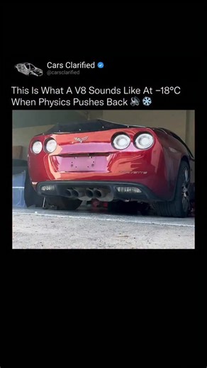 Cars Clarified on Instagram: "At -18°C, engines don't start, they fight for ignition This is a Chevrolet Corvette C6 powered by the LS2 V8, attempting a cold start in extreme sub-zero conditions. At temperatures this low, engine oil thickens, fuel atomization worsens, battery output drops, and metal components contract, all of which make combustion far harder to achieve. That delay before ignition isn't hesitation, it's physics. Once the engine finally catches, the aggressive rev isn't drama, it