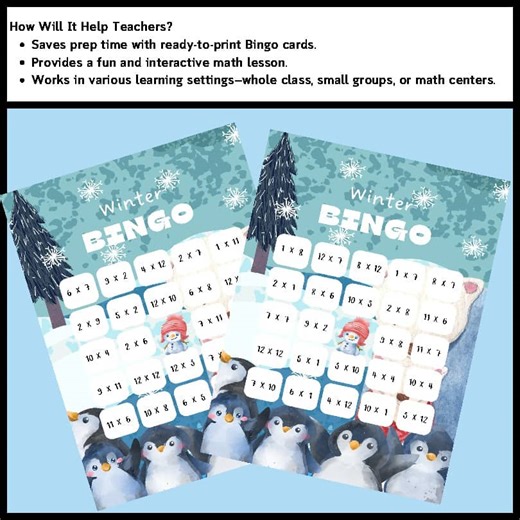 Winter Multiplication Bingo Math Fact Game Logic Puzzle Mental Review Number