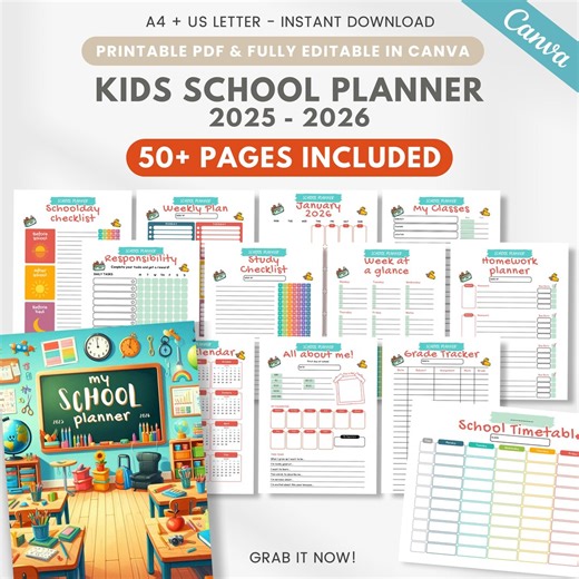 Printable Editable 2026 - 2027 School Planner, School Checklist, School Calendar, Homeschool Planner, Back to School Planner, Canva Template - Etsy