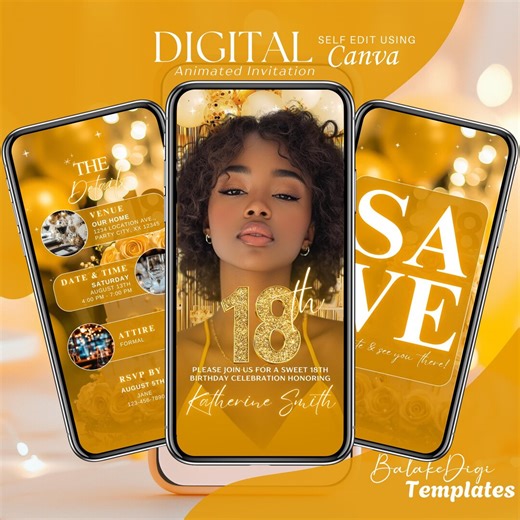 Yellow 18th Birthday Invitation Digital: Animated Birthday Dinner Invite, Eighteen Birthday Party, Video Evite, Save the Date Canva Template - Etsy