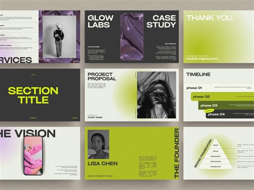 Canva Presentation Template: Bold Green and Lilac Creative Agency Slide Deck - Etsy UK