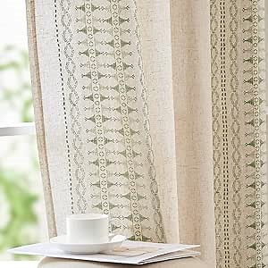 jinchan Boho Curtains for Bedroom Linen Blend Window Curtains 84 Inches Long 2 Panels Sage Green Farmhouse Embroidered Drapes for Living Room Bohemian Light Filtering Grommet Drapes Sage on Beige