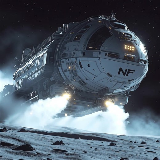 NF Borealis Drifter – Medium Mining Vessel In the silent vastness of the asteroid belt, the NF Borealis Drifter—a 180-meter-long mining vessel of the Nations Fleet—descends toward the rocky surface of asteroid Theta-947. Compact yet powerful, she has a dry mass of 38,000 tons and can carry up to 55,000 tons of refined ore. Powered by dual fusion reactors and assisted by repulsion engines and inertial dampeners, the Borealis is capable of controlled landings on medium-sized asteroids, where her a
