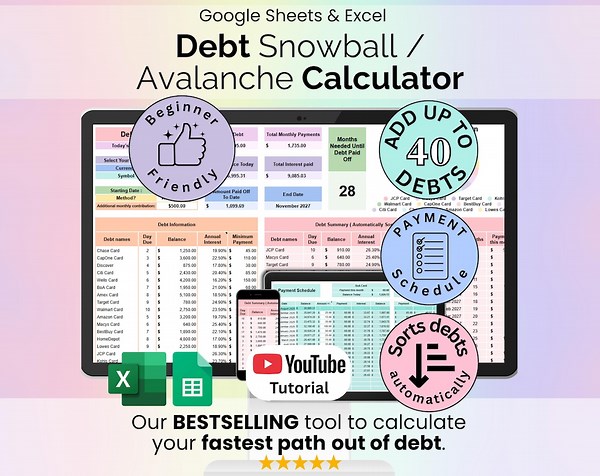 Debt Snowball / Avalanche Calculator Spreadsheet Google Sheets Microsoft Excel Template Digital Debt Payment Tracker Debt Payoff Planner - Etsy