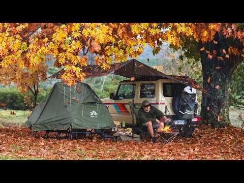 Camping in HEAVY RAIN beside my Jimny & Cook on Campfire under a Tarp (ASMR), Night Cat 2P Cot Tent