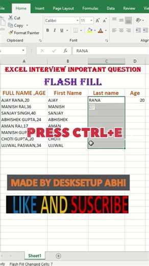 How to Split Name and Age in Excel using Flash Fill | Excel Interview Question by Abhishek sir
