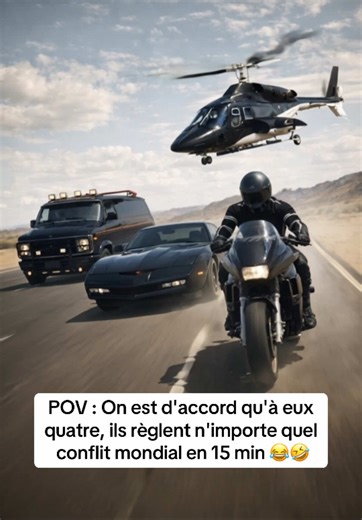 Le Crossover Ultime de notre Enfance ⚠️ Cette séquence n'existe pas dans les films officiels « Scène Fictive de Film» « Création IA » « Film Imaginaire » Contenu généré par intelligence artificielle Recréation d'une scène fictive inspirée de l'univers de Airwolf, Tonnerre Mecanique, A-team et k-2000 Arrêtez tout. Prenez une seconde et respirez profondément cette odeur de poussière, d'essence et de nostalgie pure. Je crois qu'on tient l'image définitive de nos samedis après-midi devant la télé ca