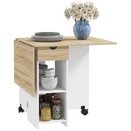 Table à manger pliable extensible 4 personnes - 2 abattants, 2 étagères, tiroir, roulettes - blanc aspect chêne clair | Rakuten