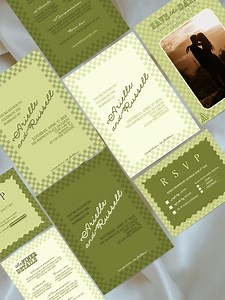 Green Checkerboard Wedding Invitation Template: Retro Modern Canva Set (digital Download) - Etsy