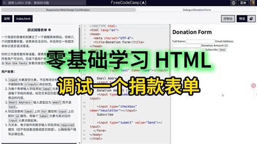 【实践】调试一个捐款表单 | 表单与表格 | 零基础学习 HTML | freeCodeCamp 全栈开发 编程自学入门教程