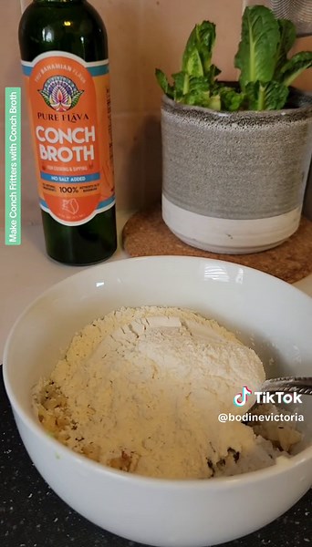 Crispy, crunchy conch fritters. If your fritters need more conch flavor, Conch Broth is for you. It's seasoned, made of conch and serves as a natural flavor enhancer for your dishes. Traditionally we add water to the batter or if you had boiled the conch skin, thrown a bit of the broth in it, but here's a tasty alternative, Conch Broth. It seasons your batter while strengthening the flavor of the conch. If you live abroad, ask your friends to bring you some conch broth. have it flash frozen, kep