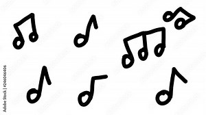 Hand drawn animation of many different music notes over a white background.Cartoon looking drawing.