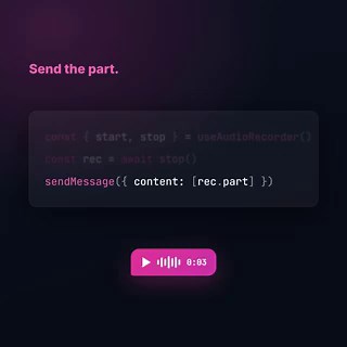 Adding voice messages to your AI chat app? 🎙️useAudioRecorder() → record → get a ready-to-send audio part. That's it.One API across React, Vue, Solid, Svelte & Angular.