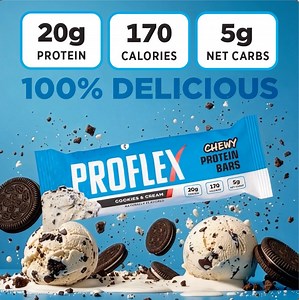 Introducing new Cookies & Cream Proflex Chewy Protein Bars! This new bar offers 20 g of protein, 170 calories, and only 5 g of net carbs—and it's soy-free and gluten-free! It's so good you'll hit your daily protein goals before you know it! Grab yours now at https://www.melaleuca.com/productstore/healthy-foods-and-drinks/proflex-chewy-protein-bar-cookies-and-cream. | Melaleuca: The Wellness Company