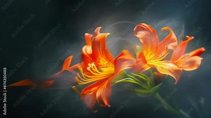 A detailed close-up of two vibrant orange lilies with delicate petals, set against a dark, moody background. Wisps of smoke add a dynamic, ethereal quality to the image, enhancing the contrast and